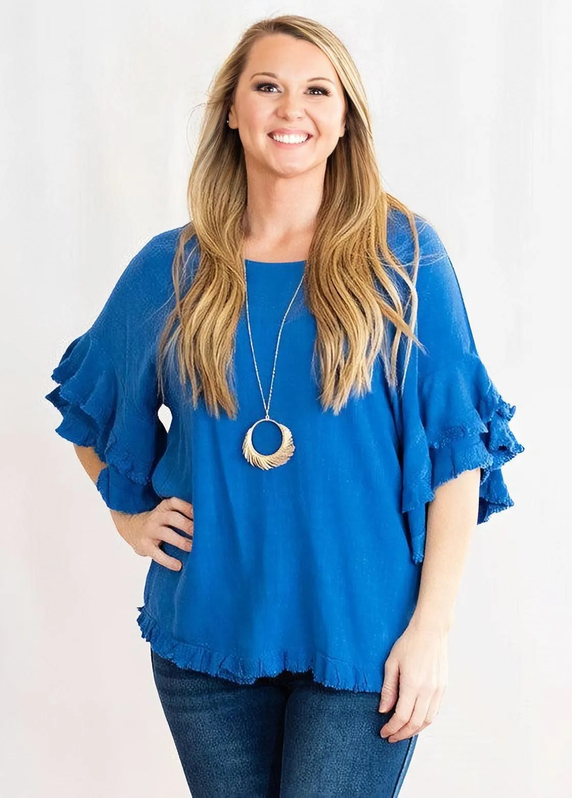Double Ruffle Sleeve Linen Tunic Top with Frayed Hem by Umgee Clothing