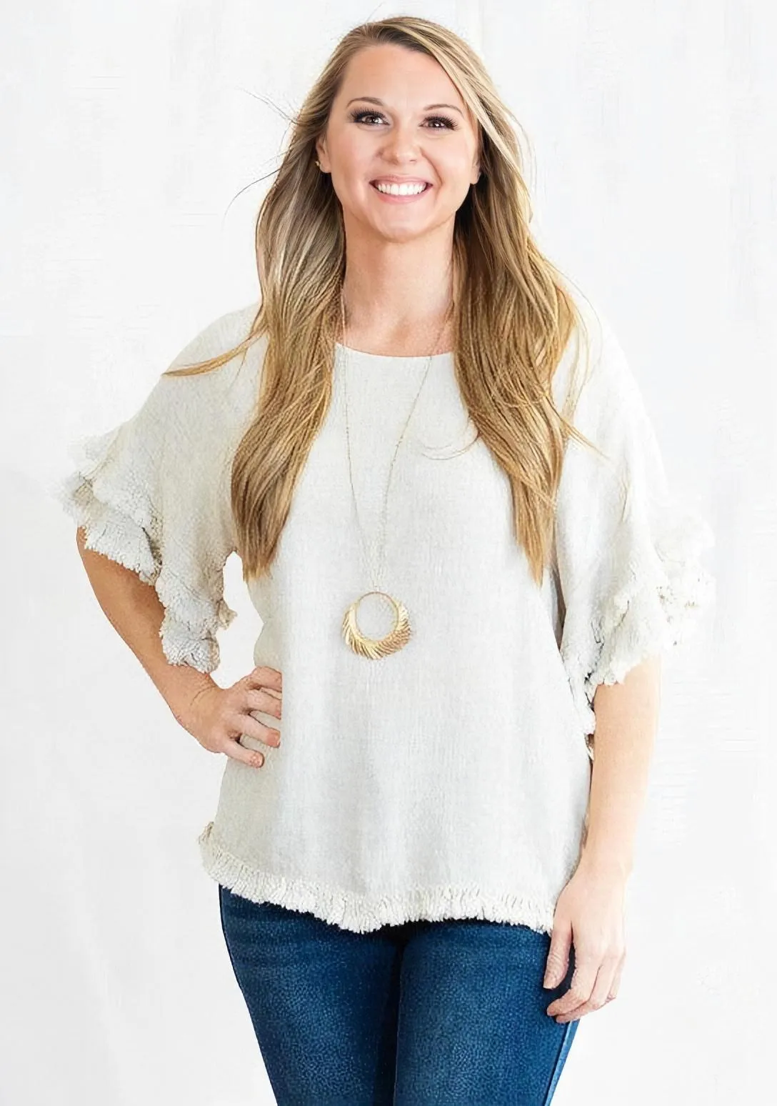 Double Ruffle Sleeve Linen Tunic Top with Frayed Hem by Umgee Clothing