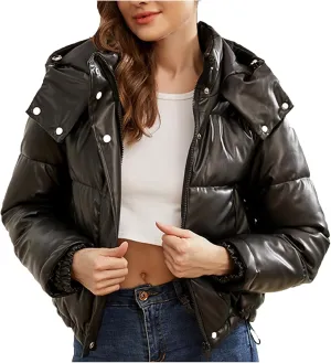 Faux Leather Puffer Jacket for Women Winter Zipper Bubble Coat Quilted Padded Cotton Snap Outerwear with Hood