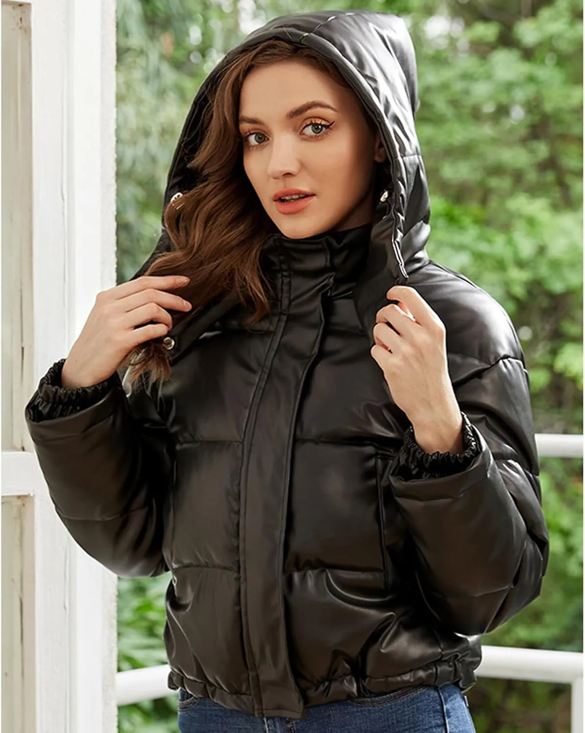 Faux Leather Puffer Jacket for Women Winter Zipper Bubble Coat Quilted Padded Cotton Snap Outerwear with Hood
