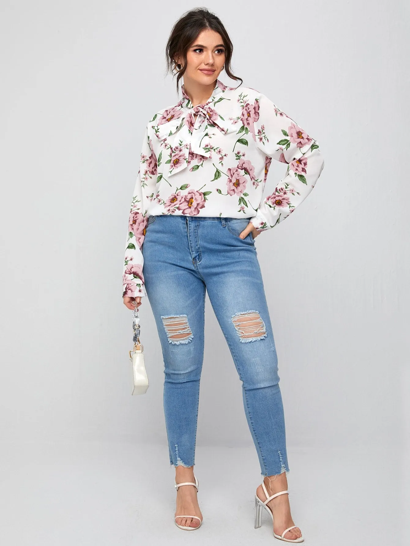 Floral Long Sleeve Tie Neck Regular Plus Size Blouse
