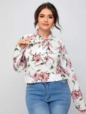 Floral Long Sleeve Tie Neck Regular Plus Size Blouse