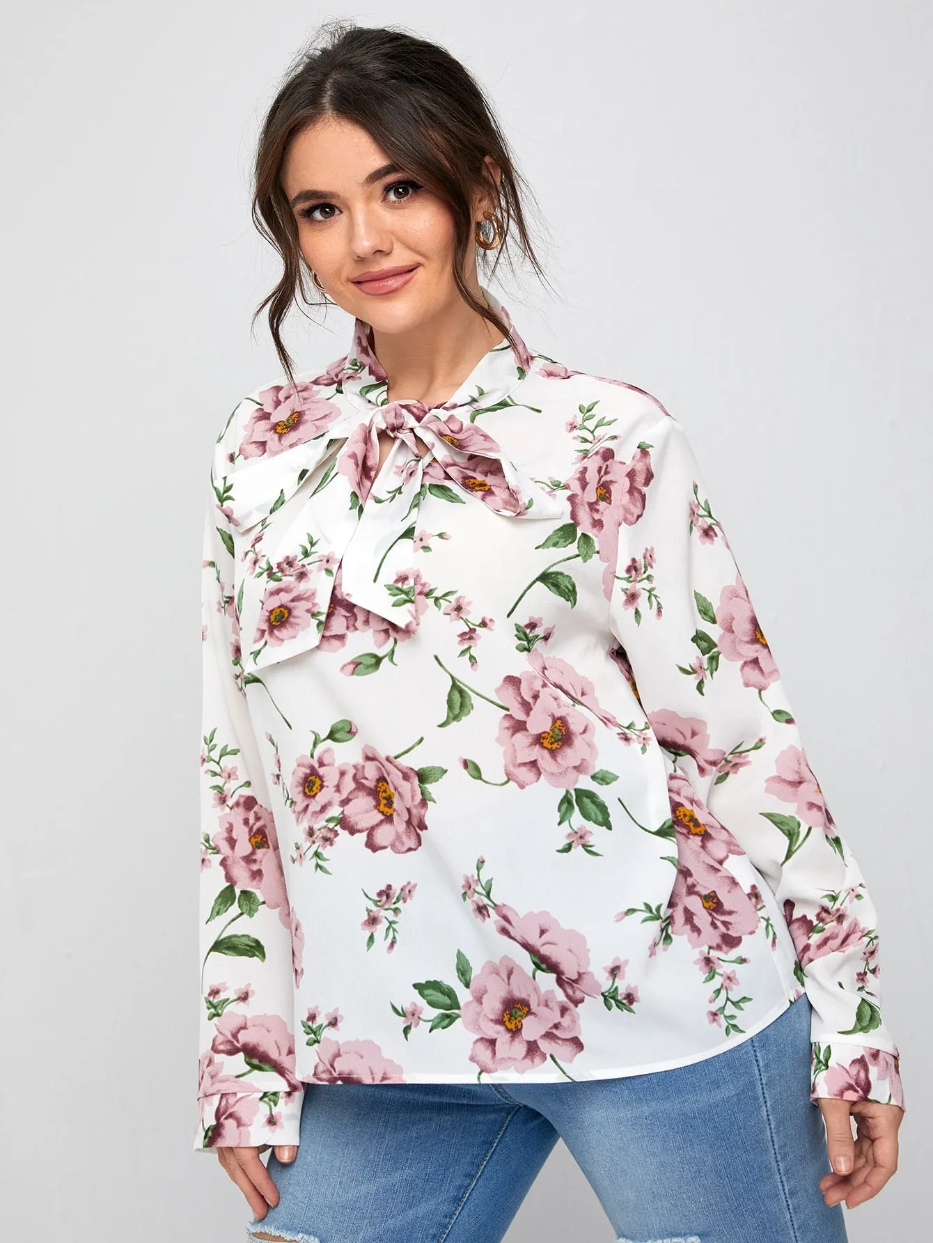 Floral Long Sleeve Tie Neck Regular Plus Size Blouse