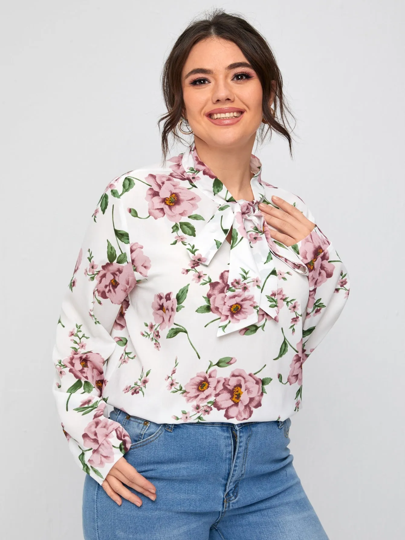 Floral Long Sleeve Tie Neck Regular Plus Size Blouse