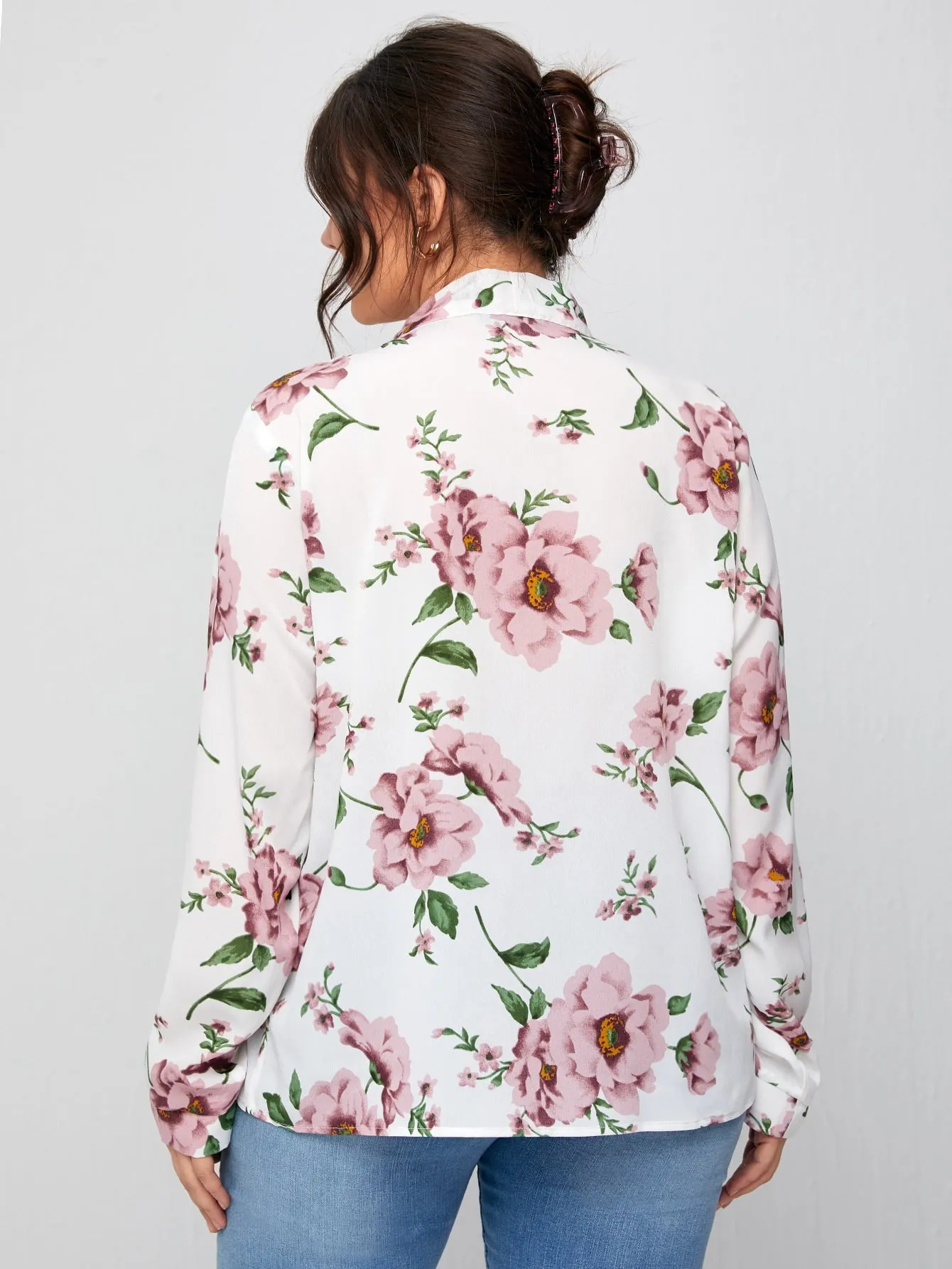 Floral Long Sleeve Tie Neck Regular Plus Size Blouse