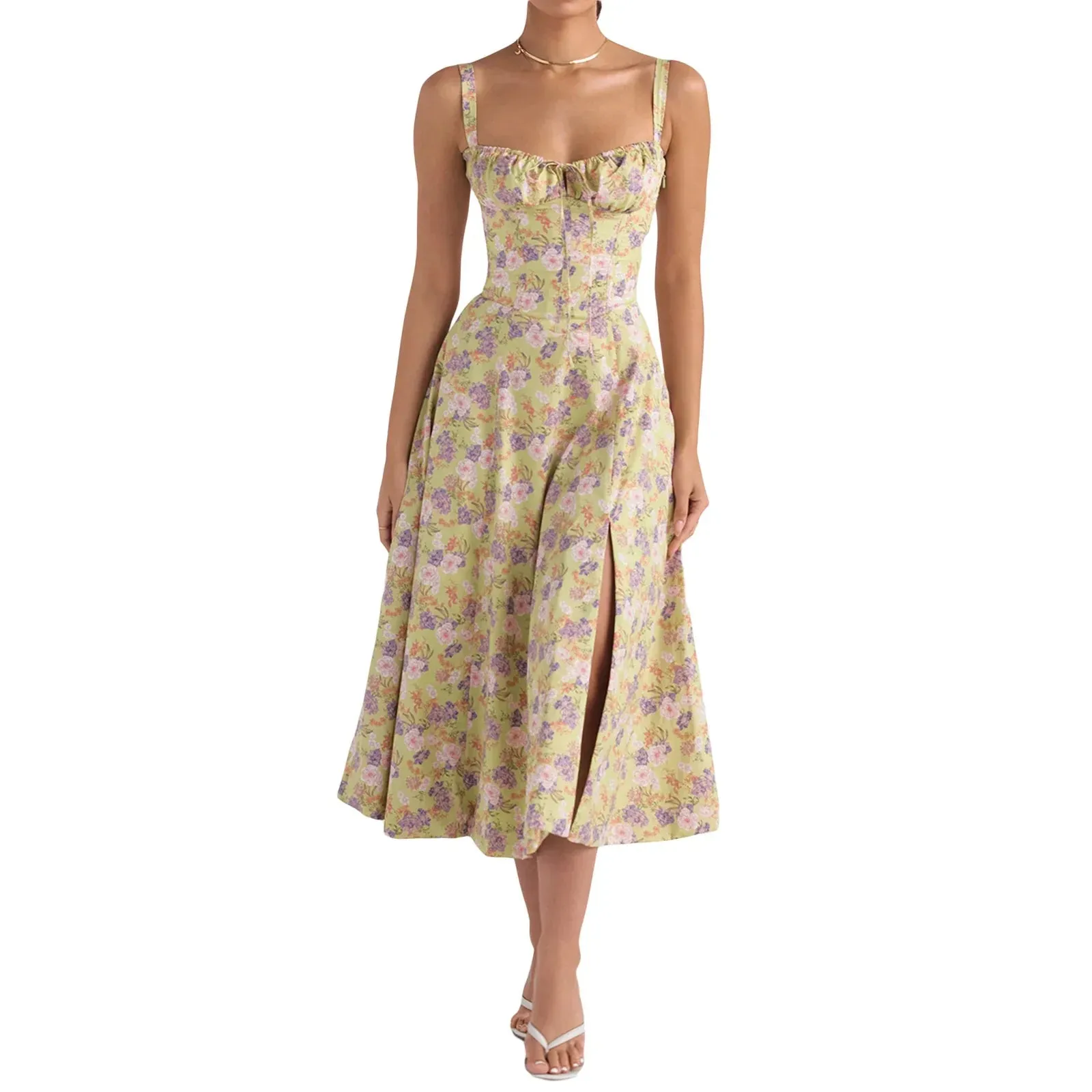 Floral Print Corset Midi Sleeveless Tie-Up Sundress Flowy A-Line Beach Casual Summer Dress
