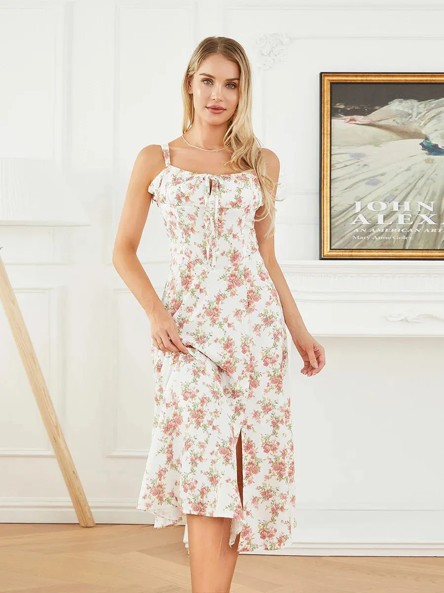 Floral Print Corset Midi Sleeveless Tie-Up Sundress Flowy A-Line Beach Casual Summer Dress