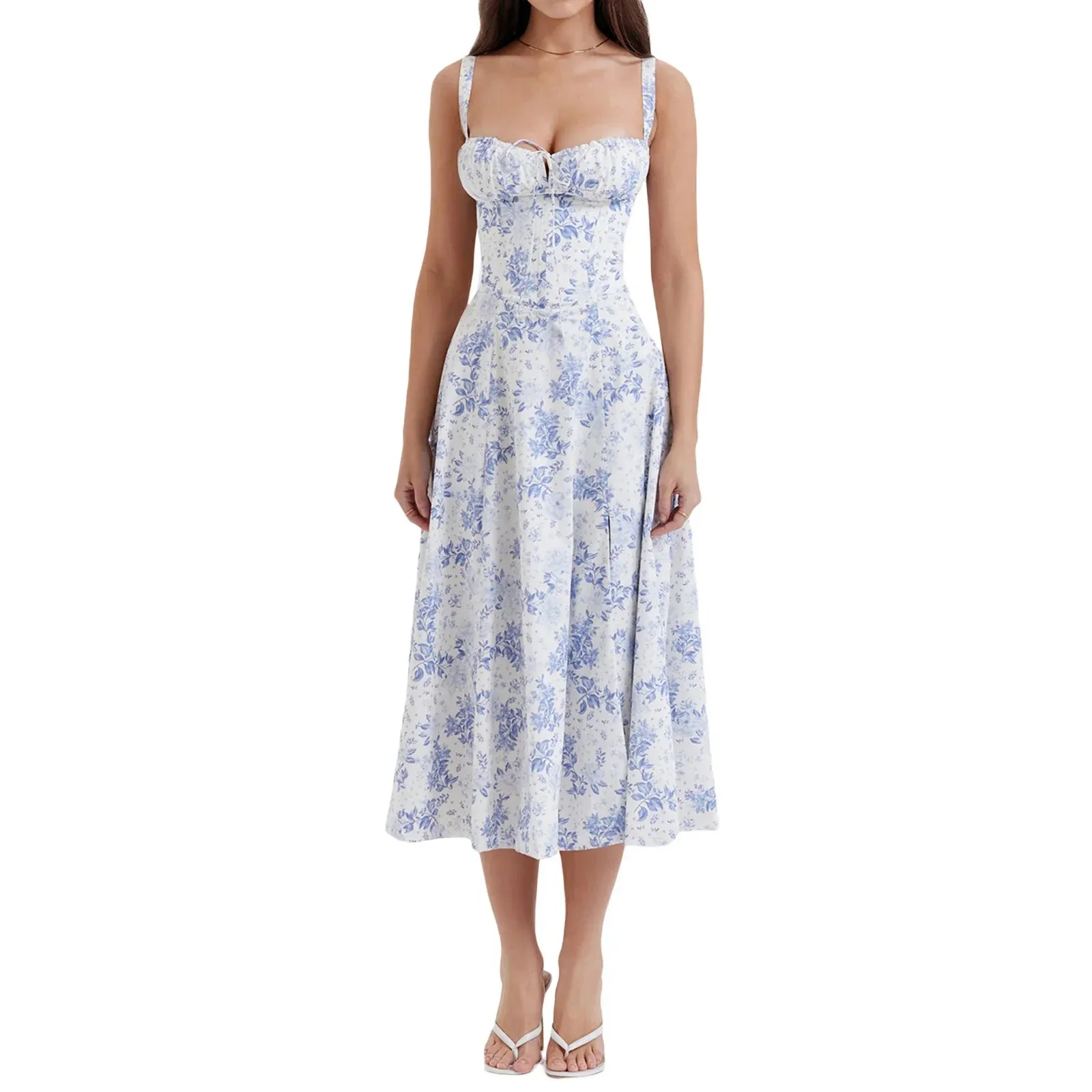Floral Print Corset Midi Sleeveless Tie-Up Sundress Flowy A-Line Beach Casual Summer Dress