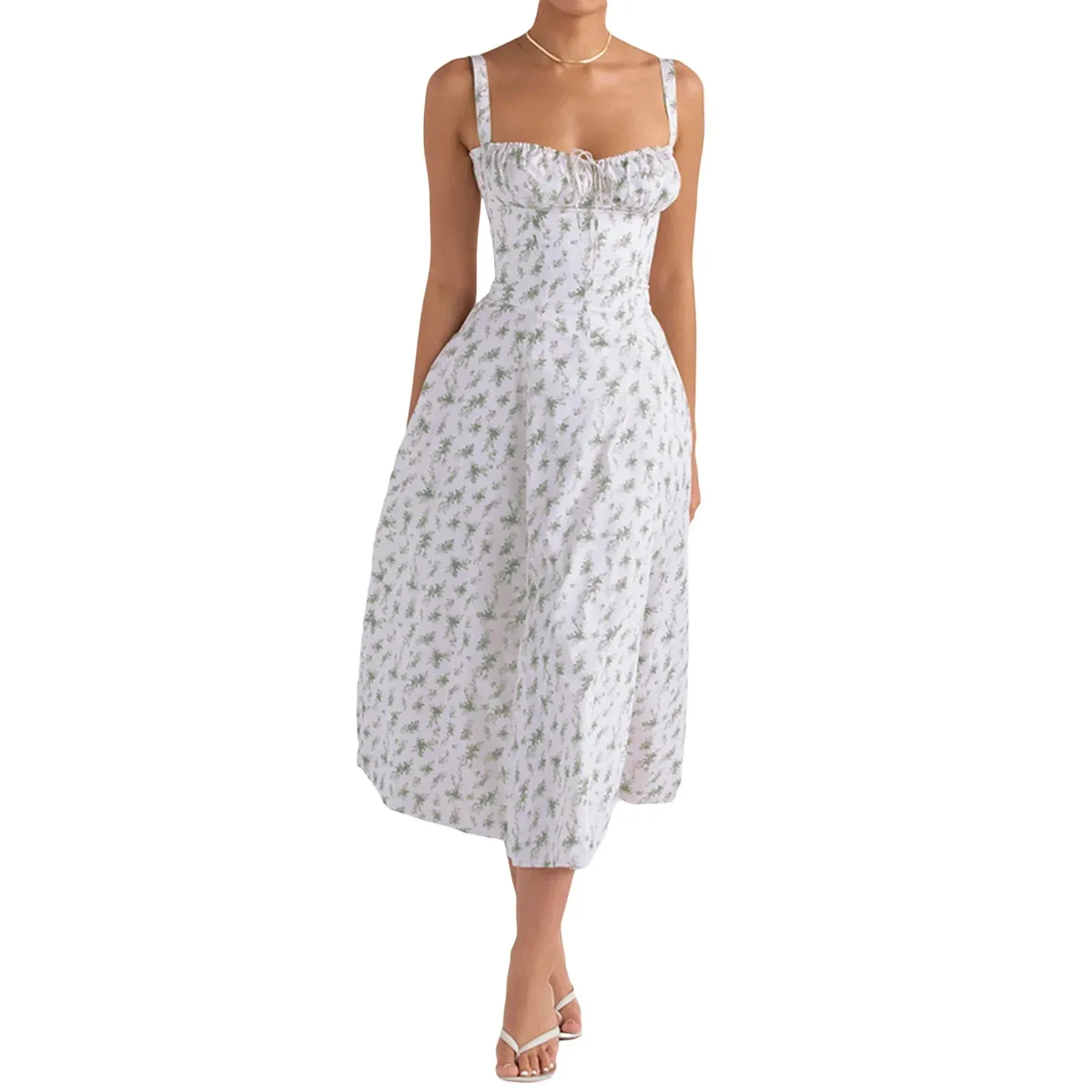 Floral Print Corset Midi Sleeveless Tie-Up Sundress Flowy A-Line Beach Casual Summer Dress