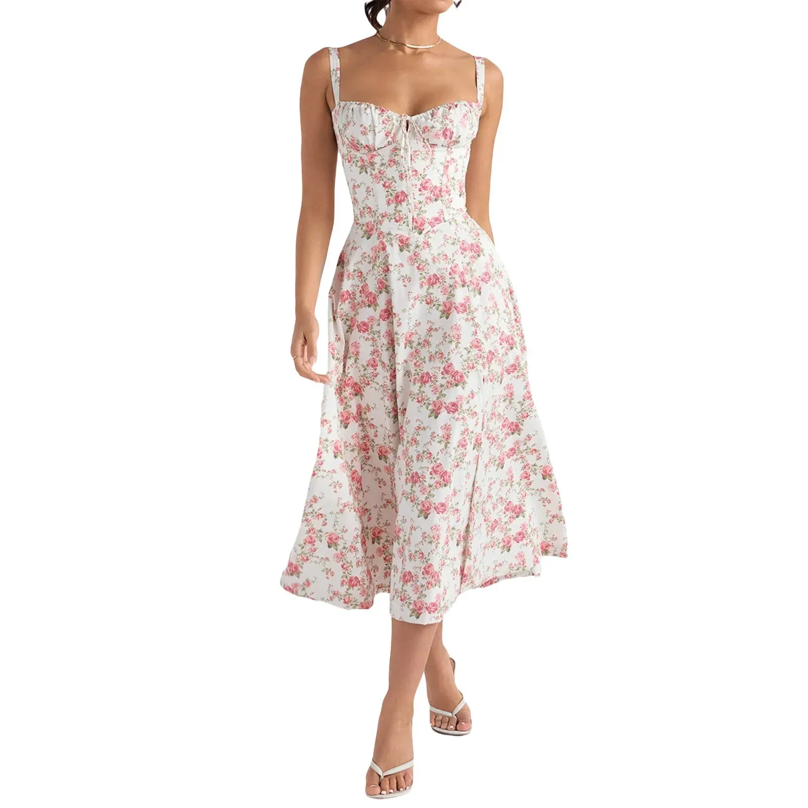 Floral Print Corset Midi Sleeveless Tie-Up Sundress Flowy A-Line Beach Casual Summer Dress