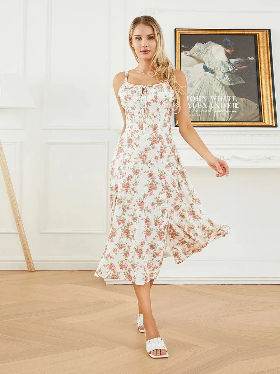 Floral Print Corset Midi Sleeveless Tie-Up Sundress Flowy A-Line Beach Casual Summer Dress