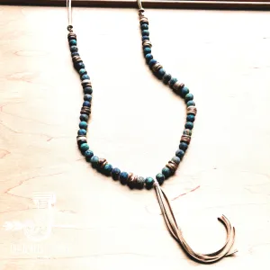 Frosted African Turquoise Necklace Wood Beads Leather Tassel 257z