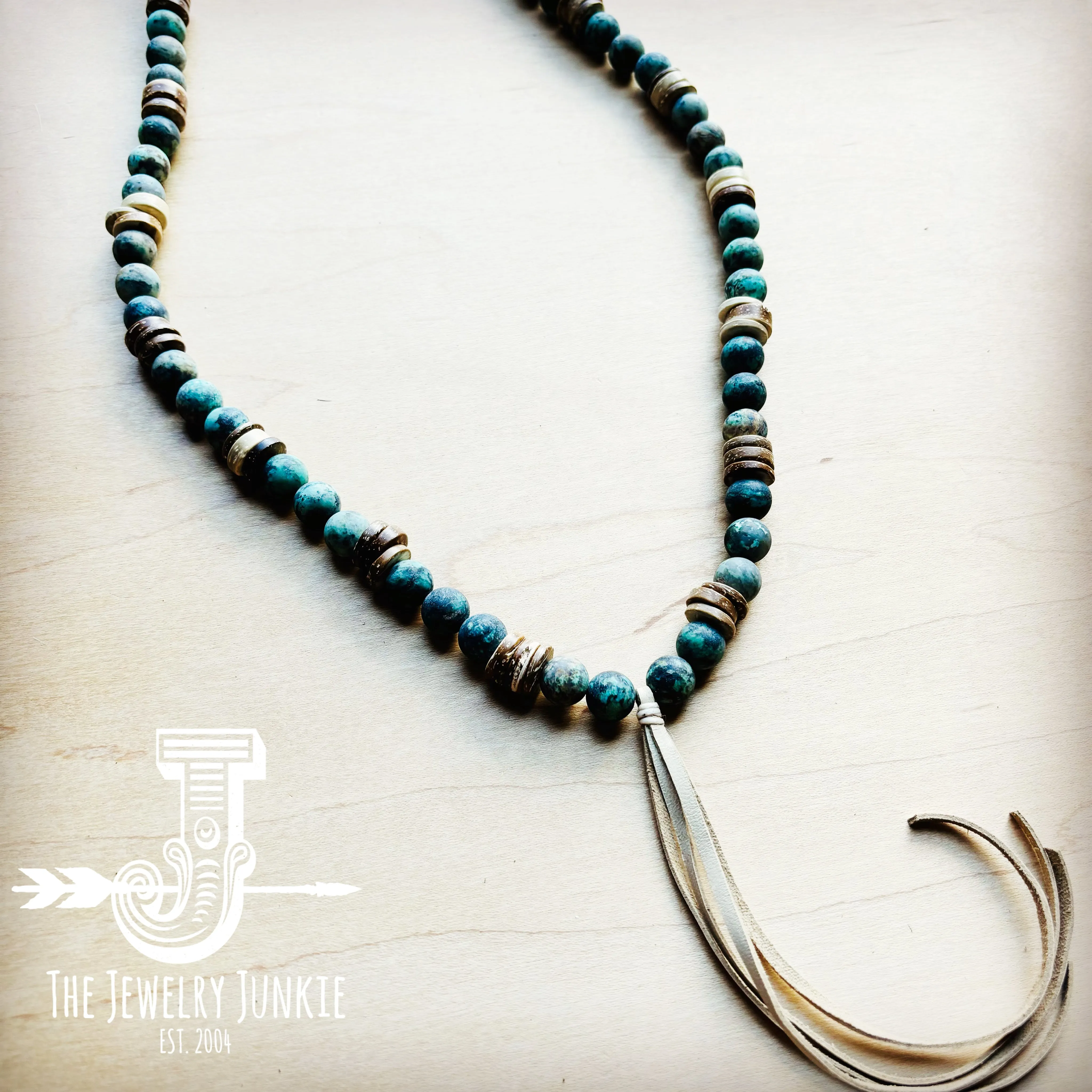 Frosted African Turquoise Necklace Wood Beads Leather Tassel 257z