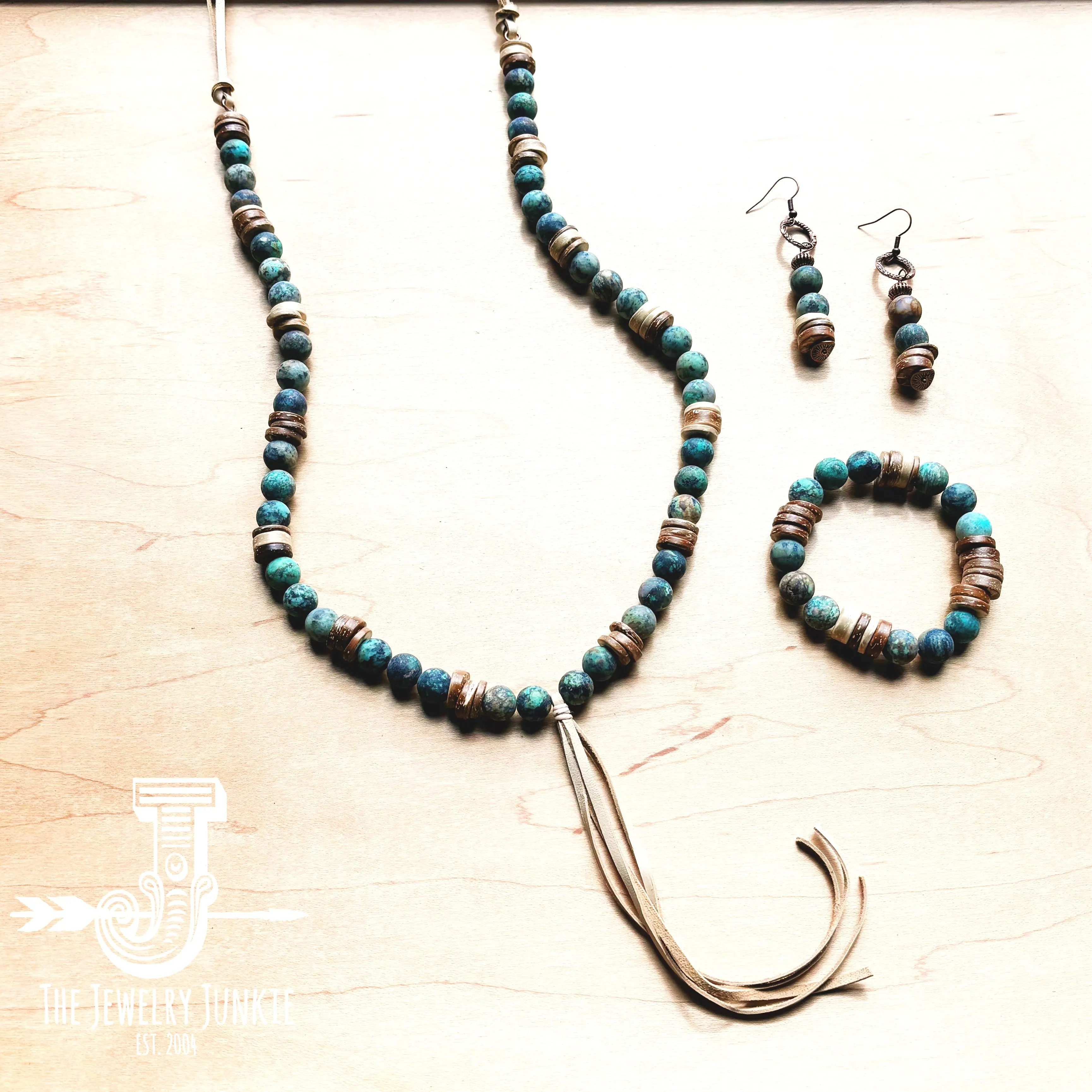 Frosted African Turquoise Necklace Wood Beads Leather Tassel 257z