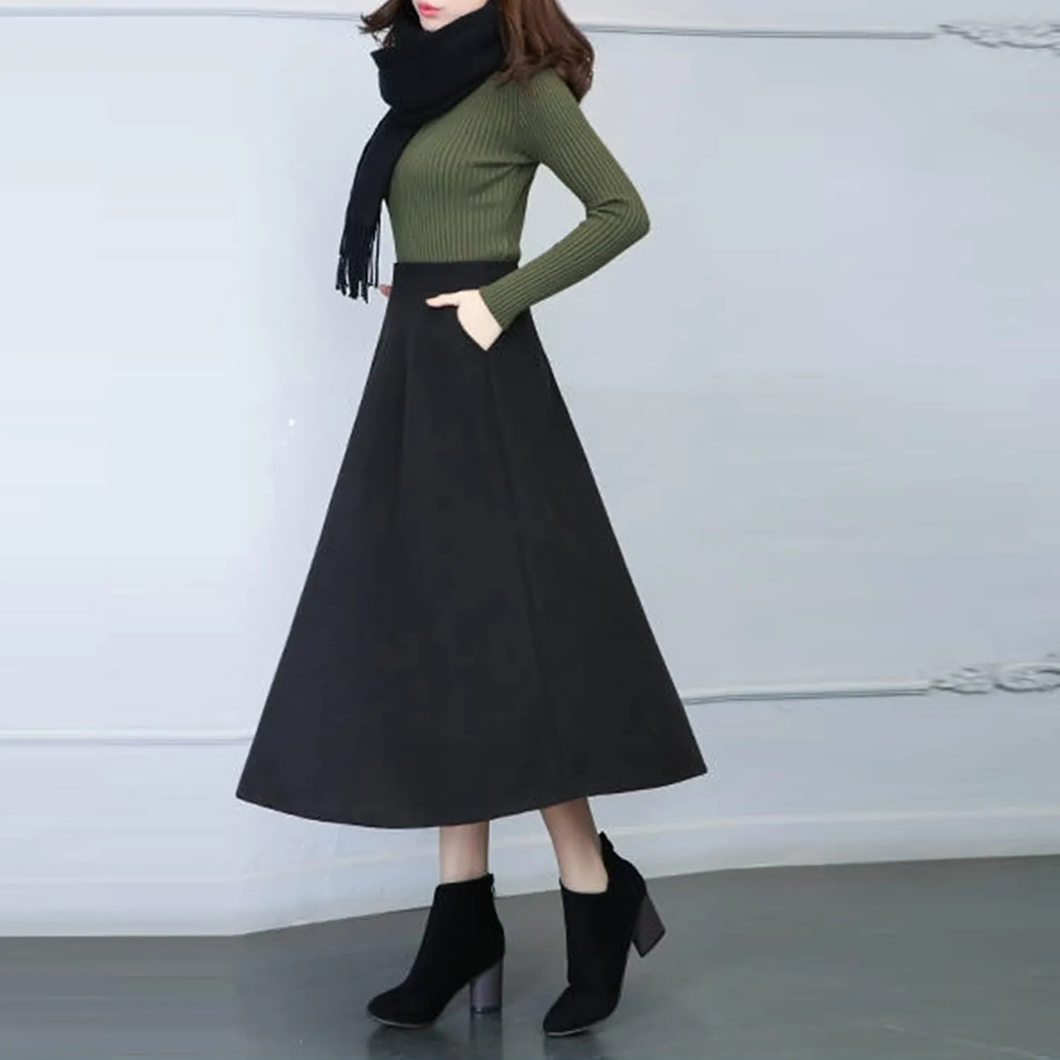 Full Bed Skirt Womens Winter Vintage High Elastic Waist A Line Pleated Wool Midi Skirt Lady Skirt Ballet Skirts