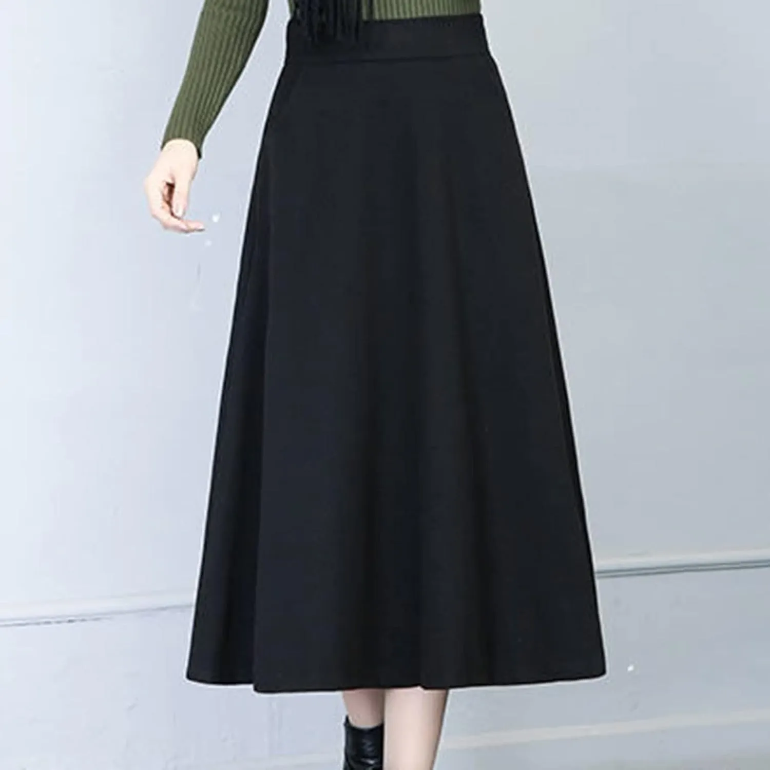 Full Bed Skirt Womens Winter Vintage High Elastic Waist A Line Pleated Wool Midi Skirt Lady Skirt Ballet Skirts