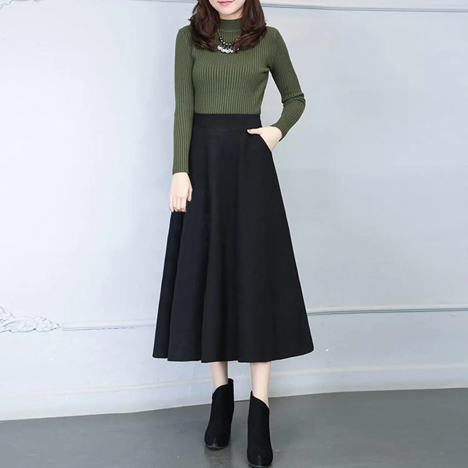Full Bed Skirt Womens Winter Vintage High Elastic Waist A Line Pleated Wool Midi Skirt Lady Skirt Ballet Skirts