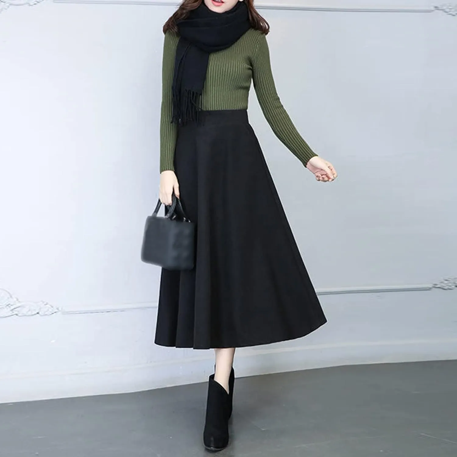 Full Bed Skirt Womens Winter Vintage High Elastic Waist A Line Pleated Wool Midi Skirt Lady Skirt Ballet Skirts