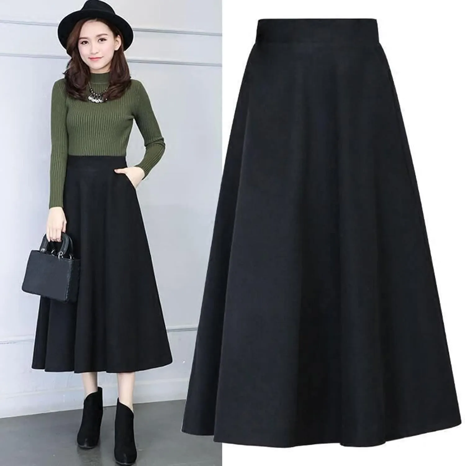 Full Bed Skirt Womens Winter Vintage High Elastic Waist A Line Pleated Wool Midi Skirt Lady Skirt Ballet Skirts