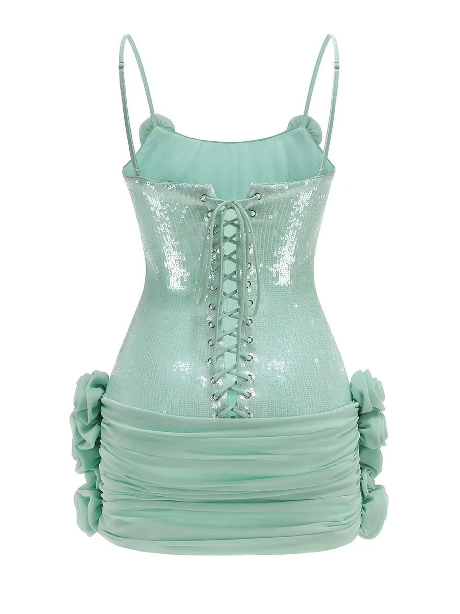 Green Sequin Strap Pleated Flower Mini Dress