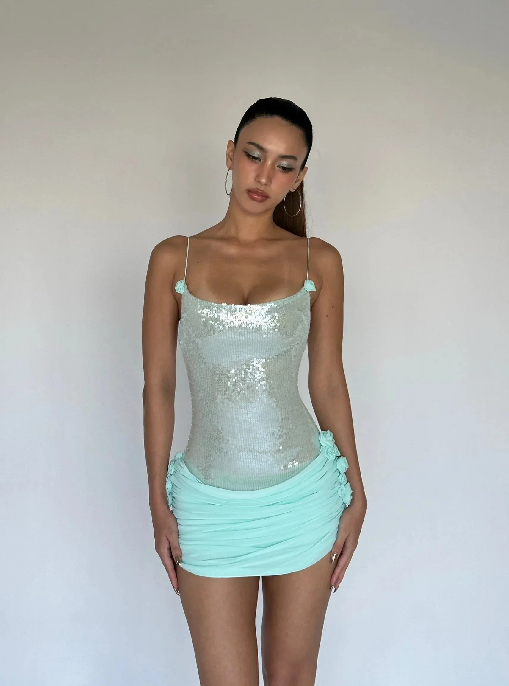 Green Sequin Strap Pleated Flower Mini Dress