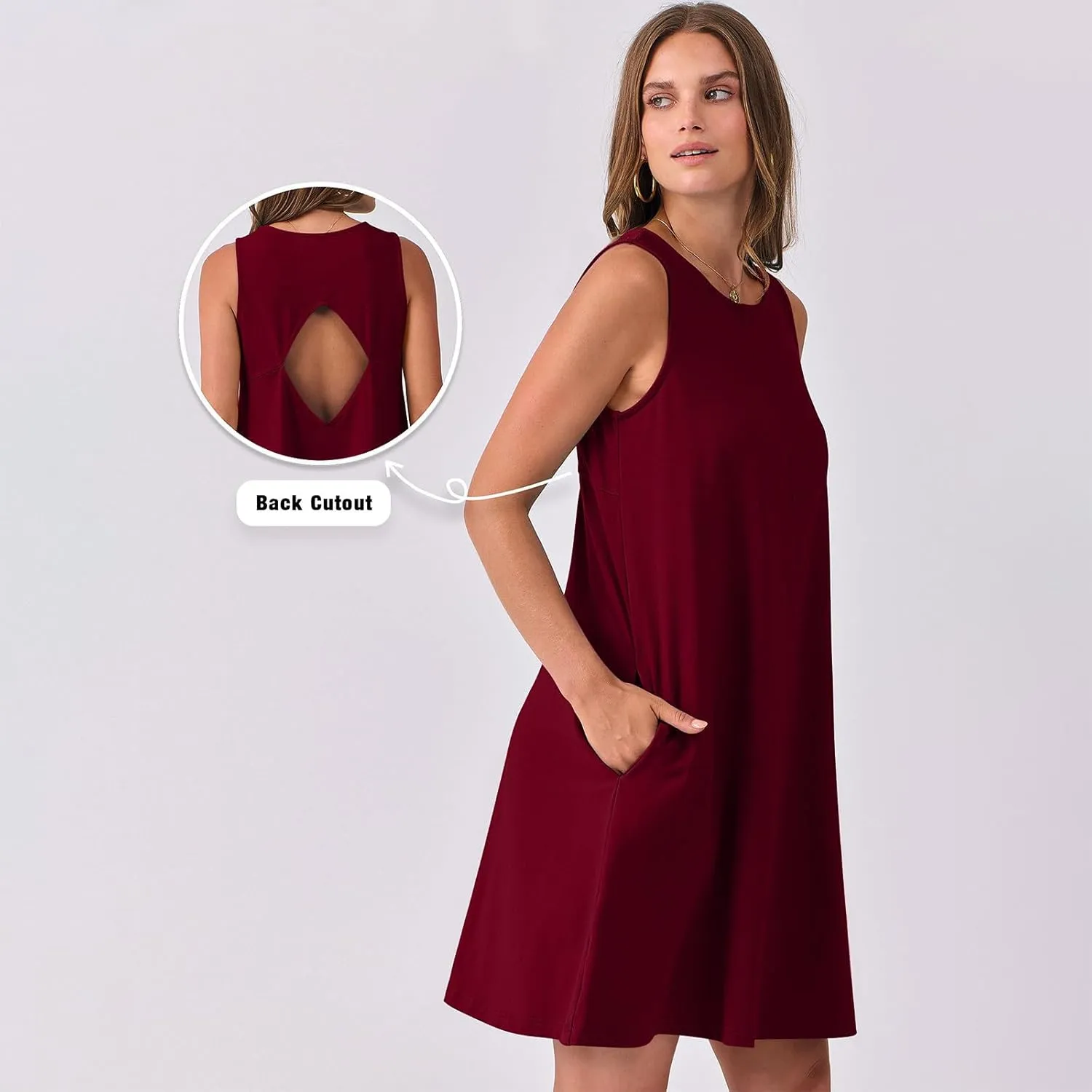 hlysgo A Line Dresses for Women Summer Cutout Back Sleeveless Mini Sundress Casual Loose Fit Coverup Beach Dress with Pocket
