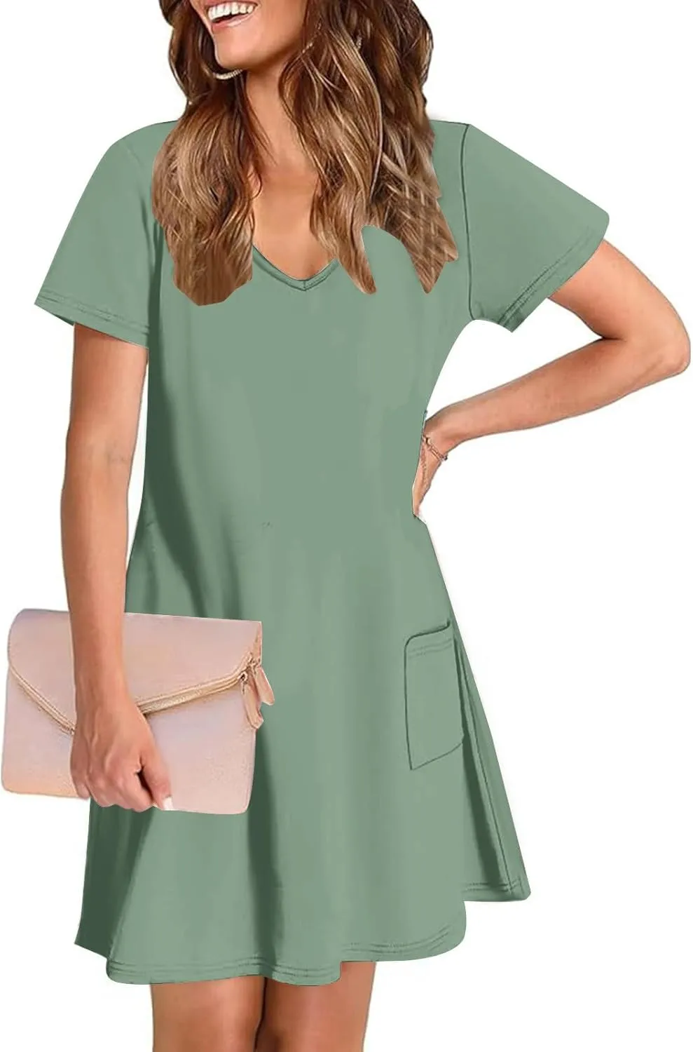 hlysgo Casual Dresses for Women 2025 Summer Short Sleeve V Neck Mini Dress Ladies A-Line Flowy T-Shirts Dress with Pockets