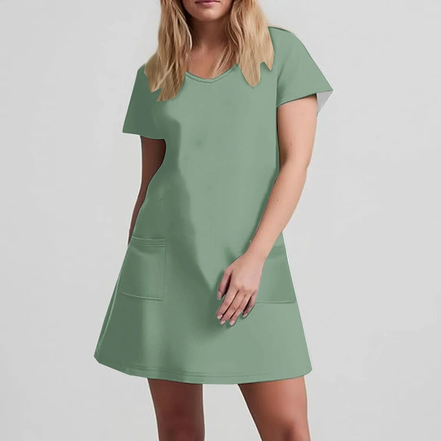 hlysgo Casual Dresses for Women 2025 Summer Short Sleeve V Neck Mini Dress Ladies A-Line Flowy T-Shirts Dress with Pockets