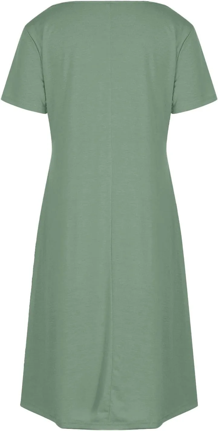 hlysgo Casual Dresses for Women 2025 Summer Short Sleeve V Neck Mini Dress Ladies A-Line Flowy T-Shirts Dress with Pockets