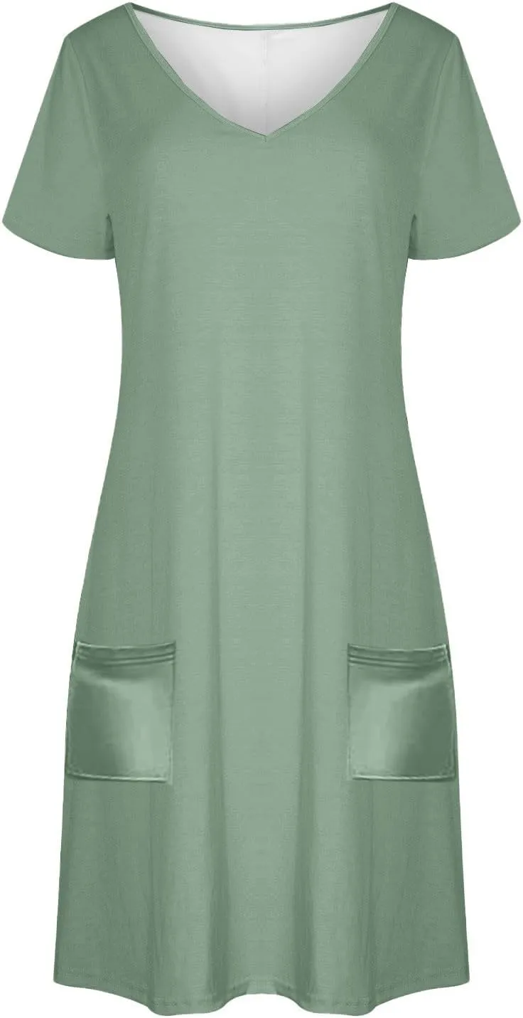 hlysgo Casual Dresses for Women 2025 Summer Short Sleeve V Neck Mini Dress Ladies A-Line Flowy T-Shirts Dress with Pockets