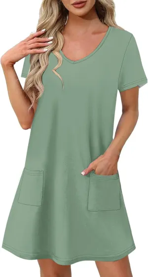 hlysgo Casual Dresses for Women 2025 Summer Short Sleeve V Neck Mini Dress Ladies A-Line Flowy T-Shirts Dress with Pockets