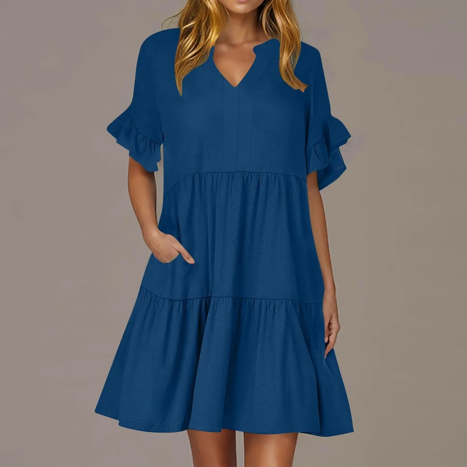 hlysgo Dresses for Women 2025 Casual Loose Fit Ruffled Short Sleeve V Neck Mini Dress Summer Short Beach Dress with Pockets