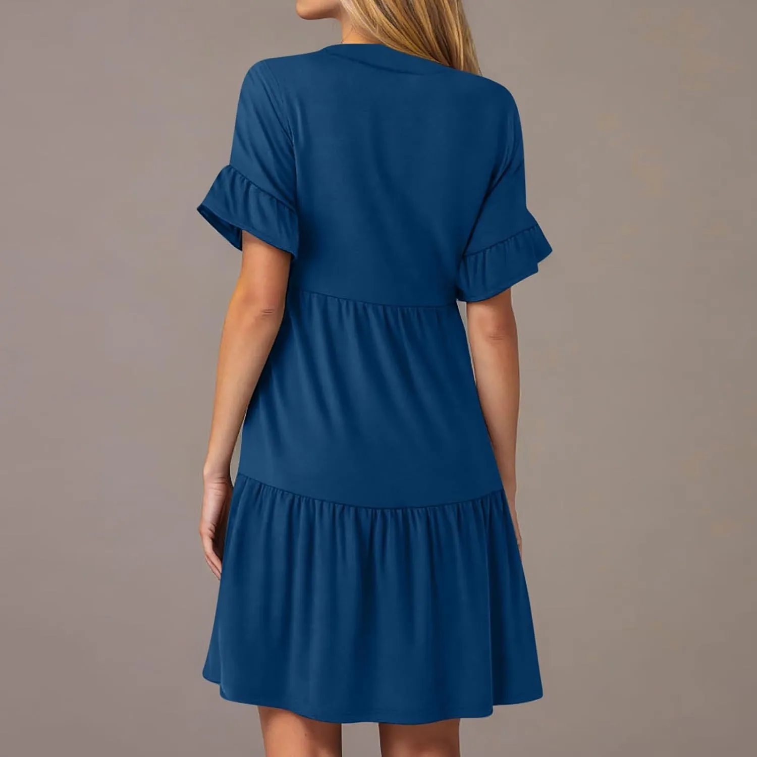 hlysgo Dresses for Women 2025 Casual Loose Fit Ruffled Short Sleeve V Neck Mini Dress Summer Short Beach Dress with Pockets