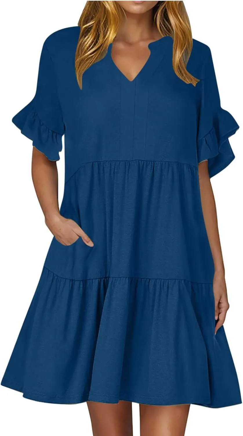 hlysgo Dresses for Women 2025 Casual Loose Fit Ruffled Short Sleeve V Neck Mini Dress Summer Short Beach Dress with Pockets