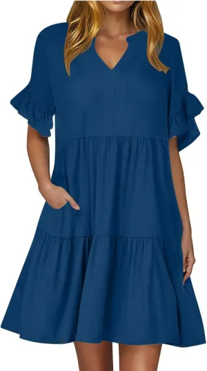 hlysgo Dresses for Women 2025 Casual Loose Fit Ruffled Short Sleeve V Neck Mini Dress Summer Short Beach Dress with Pockets