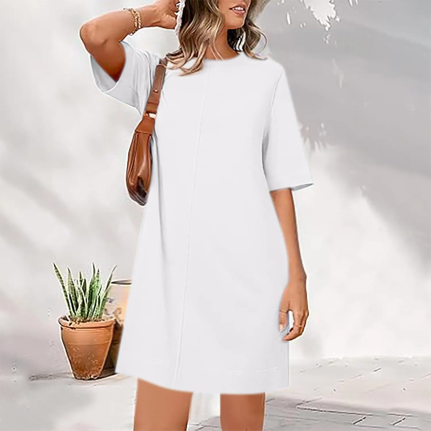 hlysgo Dresses for Women 2025 Summer Short Sleeve Crew Neck Vacation Beach Dress Casual Loose Fit Knee Length Mini Dress