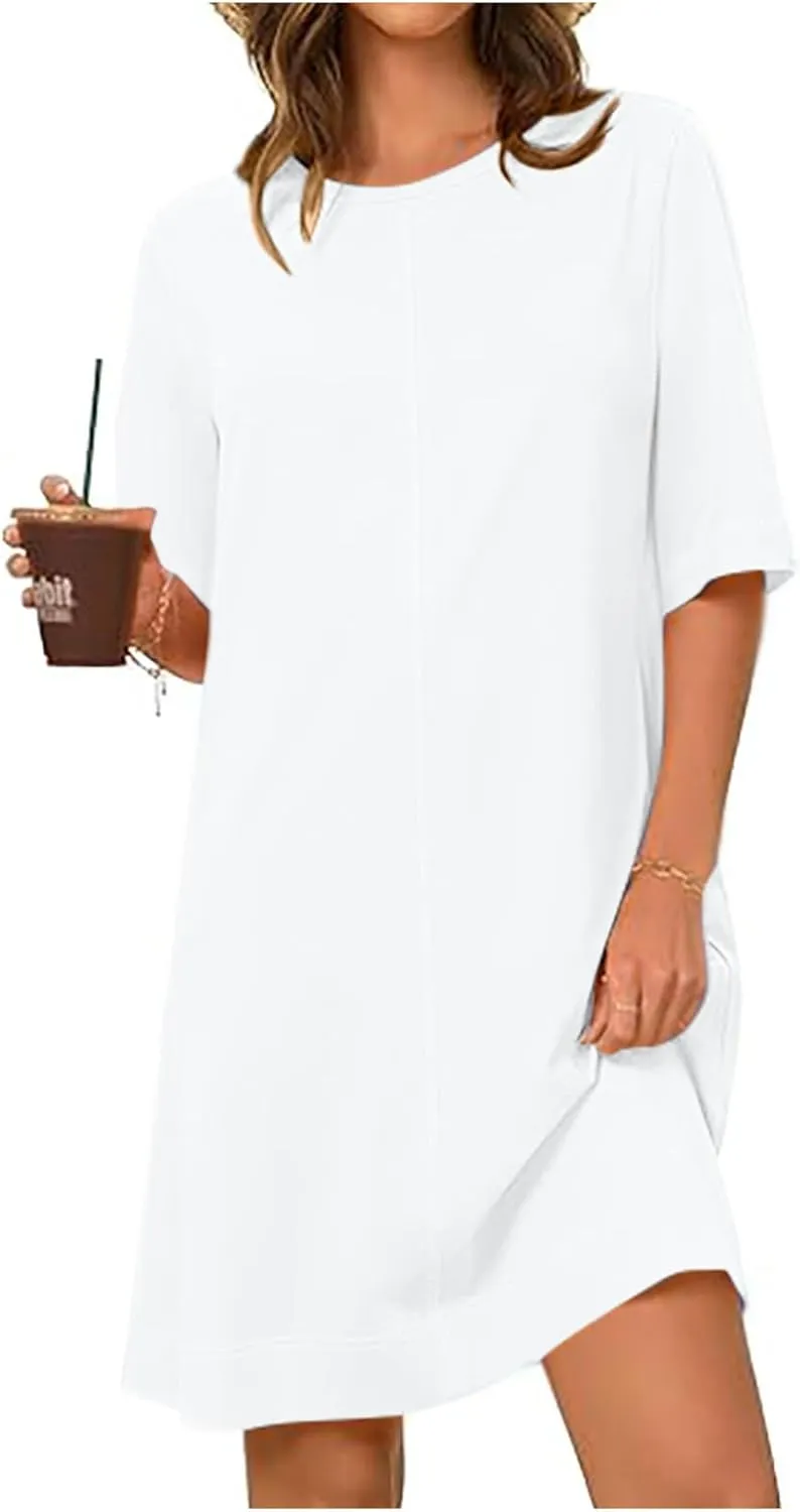 hlysgo Dresses for Women 2025 Summer Short Sleeve Crew Neck Vacation Beach Dress Casual Loose Fit Knee Length Mini Dress