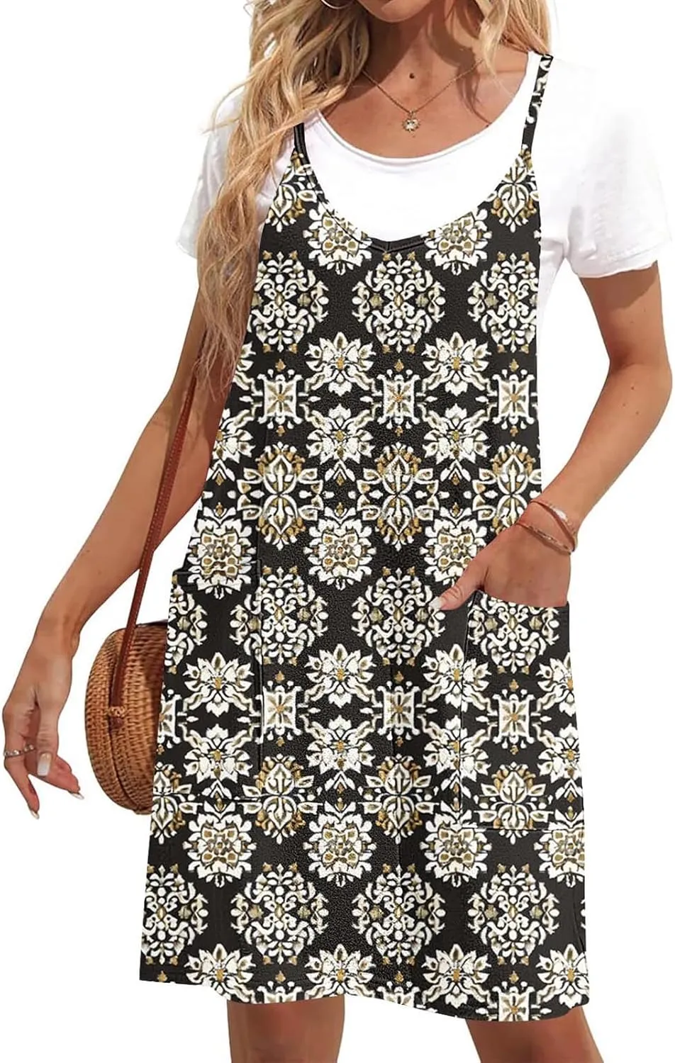 hlysgo Sundresses for Women 2025 Summer Sleeveless Spaghetti Straps Mini Dress Trendy Floral Print Casual Boho Beach Dresses