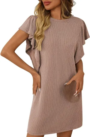 hlysgo Womens Summer Dress Trendy Ruffle Sleeve Crew Neck Mini Dresses Casual Loose Fit Beach Vacation Sundress with Pockets