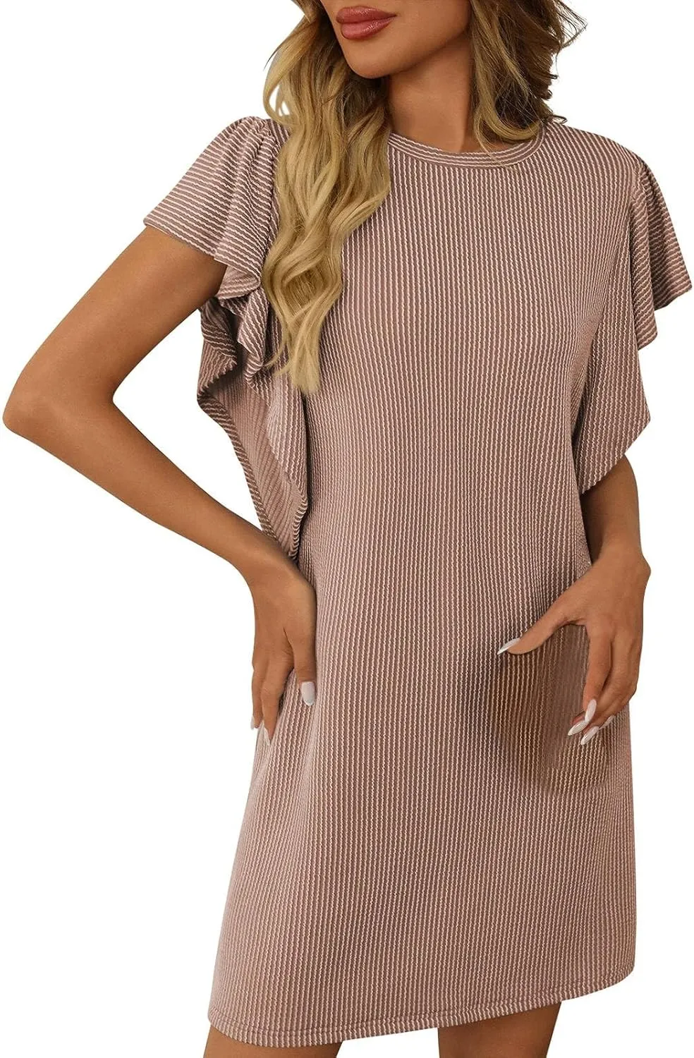 hlysgo Womens Summer Dress Trendy Ruffle Sleeve Crew Neck Mini Dresses Casual Loose Fit Beach Vacation Sundress with Pockets