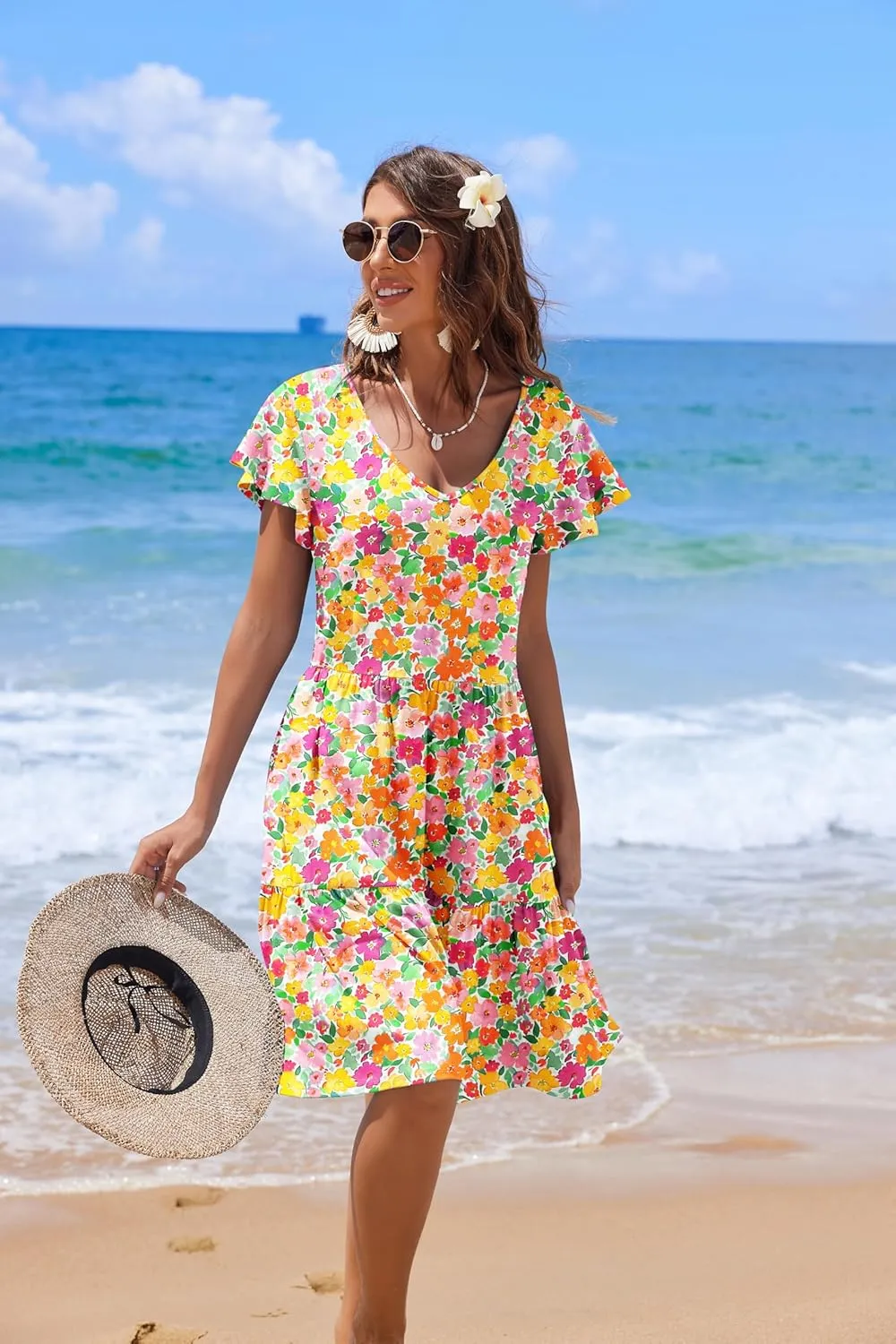 HOTOUCH Women's Casual Tiered Dress with Pockets V Neck Ruffle Dress Cap Sleeve Swing Mini Dress A-Line Dresses