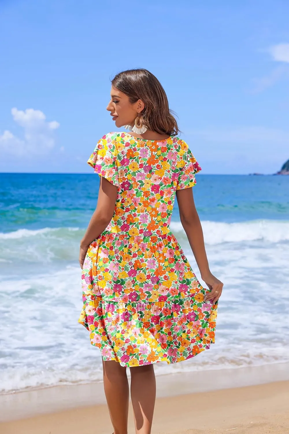 HOTOUCH Women's Casual Tiered Dress with Pockets V Neck Ruffle Dress Cap Sleeve Swing Mini Dress A-Line Dresses