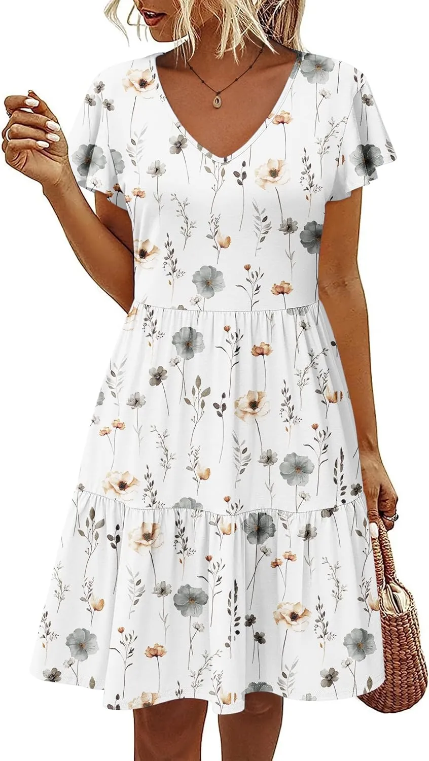 HOTOUCH Women's Casual Tiered Dress with Pockets V Neck Ruffle Dress Cap Sleeve Swing Mini Dress A-Line Dresses