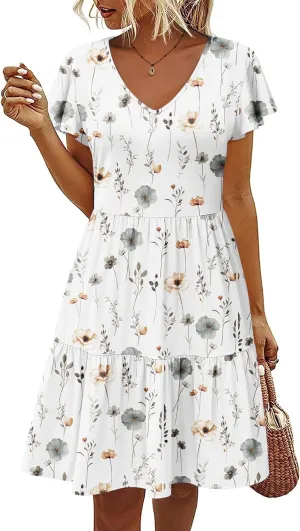 HOTOUCH Women's Casual Tiered Dress with Pockets V Neck Ruffle Dress Cap Sleeve Swing Mini Dress A-Line Dresses