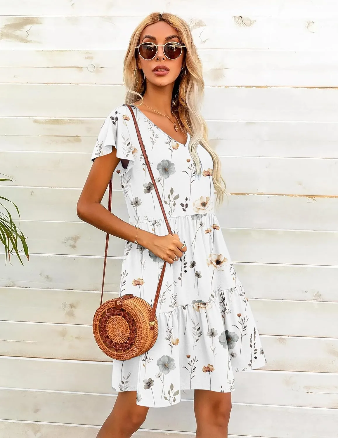 HOTOUCH Women's Casual Tiered Dress with Pockets V Neck Ruffle Dress Cap Sleeve Swing Mini Dress A-Line Dresses