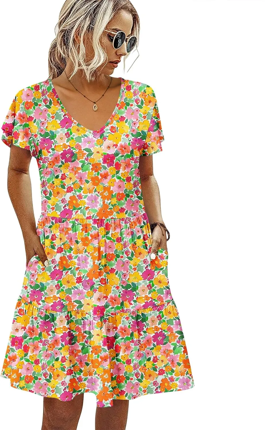 HOTOUCH Women's Casual Tiered Dress with Pockets V Neck Ruffle Dress Cap Sleeve Swing Mini Dress A-Line Dresses