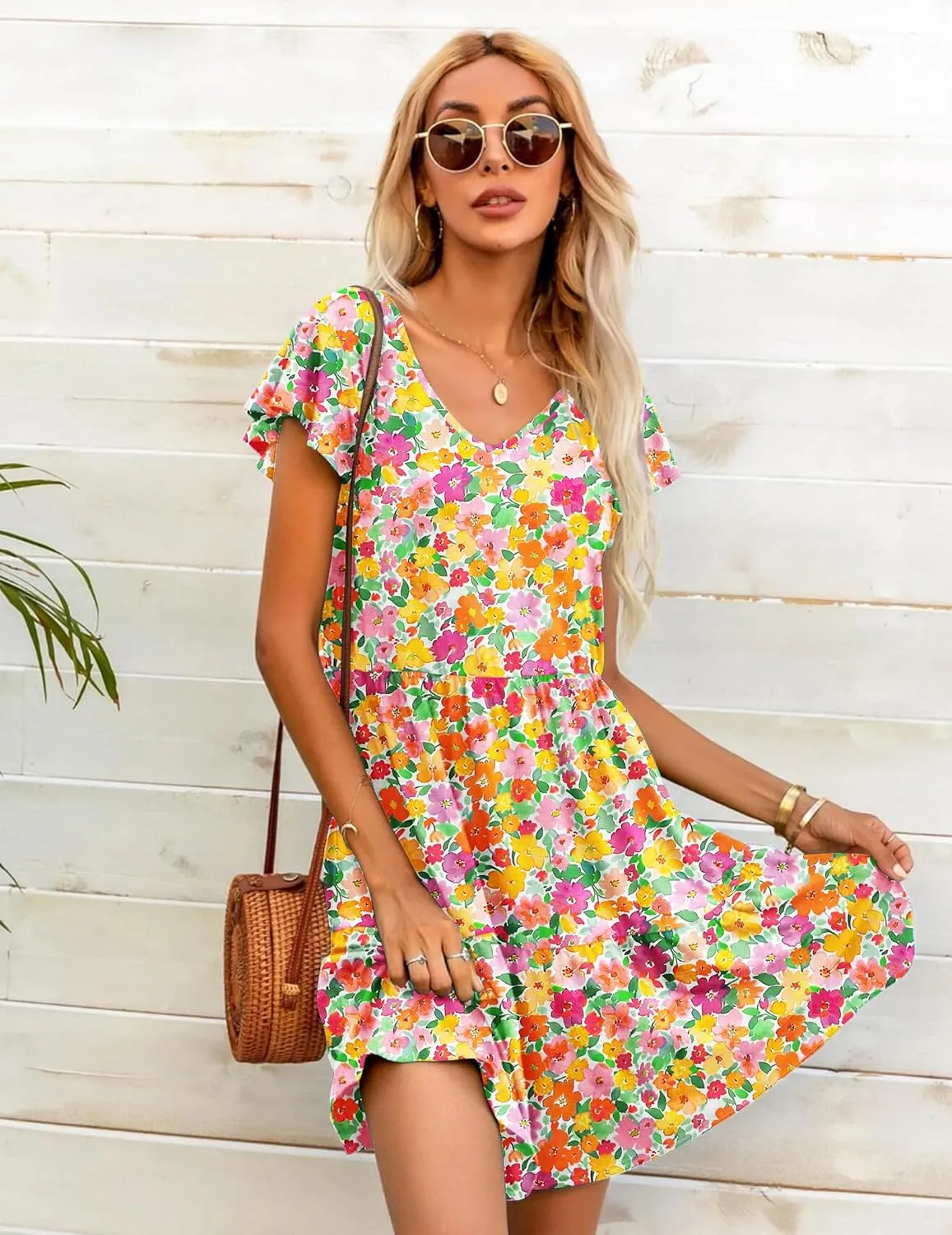 HOTOUCH Women's Casual Tiered Dress with Pockets V Neck Ruffle Dress Cap Sleeve Swing Mini Dress A-Line Dresses