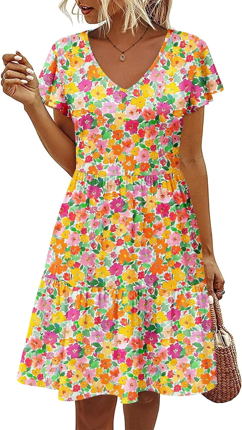 HOTOUCH Women's Casual Tiered Dress with Pockets V Neck Ruffle Dress Cap Sleeve Swing Mini Dress A-Line Dresses
