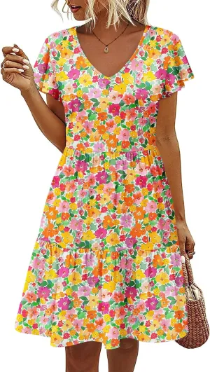 HOTOUCH Women's Casual Tiered Dress with Pockets V Neck Ruffle Dress Cap Sleeve Swing Mini Dress A-Line Dresses