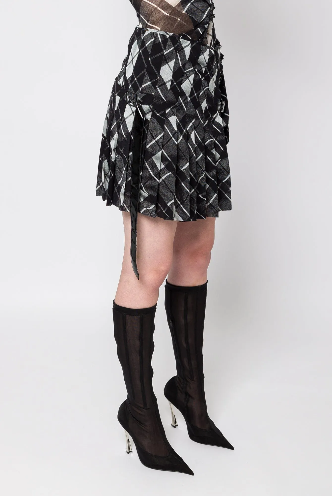 Jean Paul Gaultier Distorted Tartan Pleated Mesh Short Skirt
